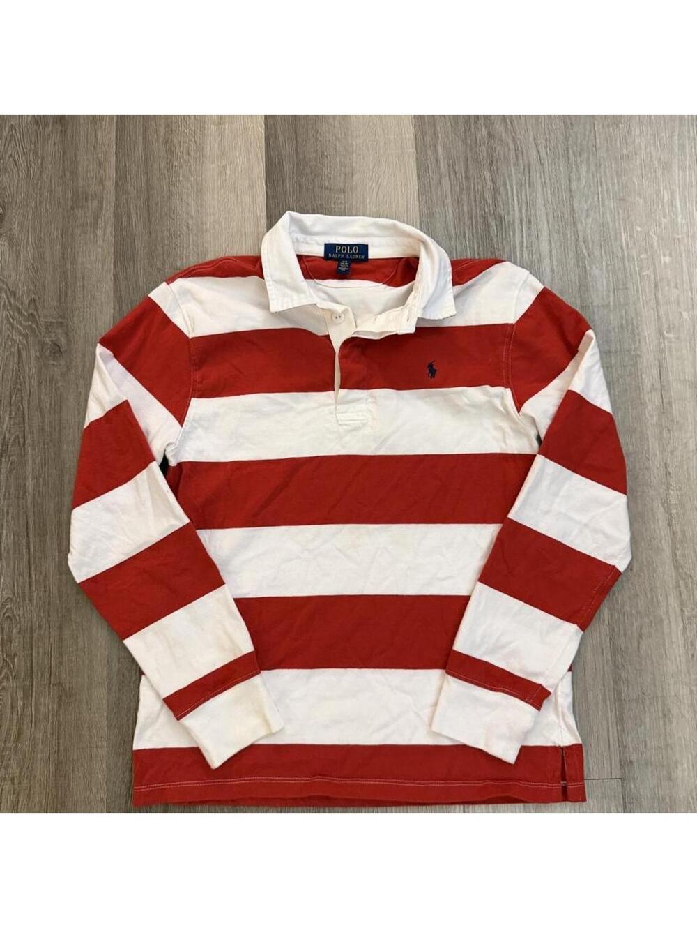 Polo Ralph Lauren red and white striped long sleeve polo shirt L youth